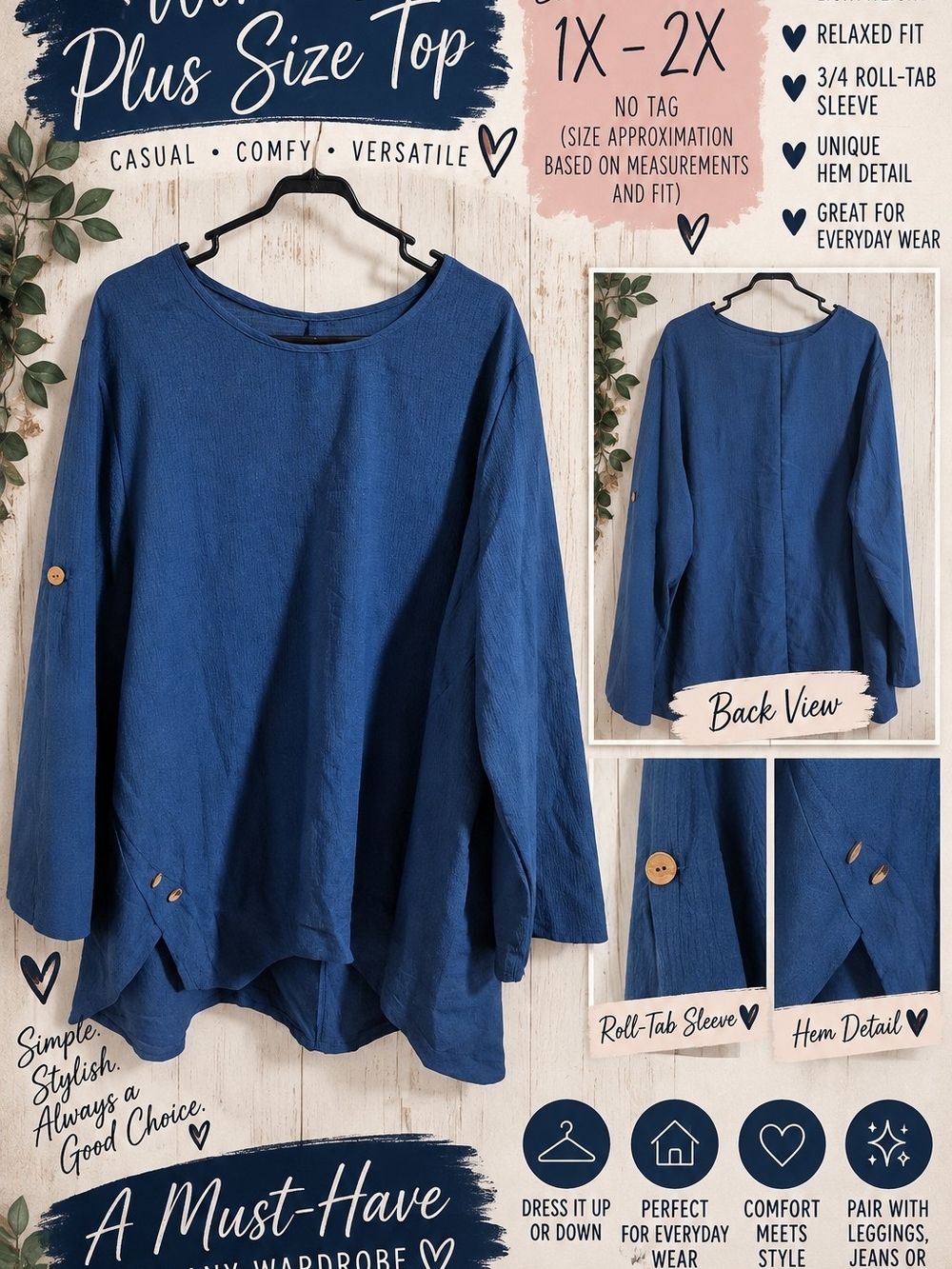 Blue Textured Long Sleeve Oversized Top | Approx. 1X–2X | No Size Tag